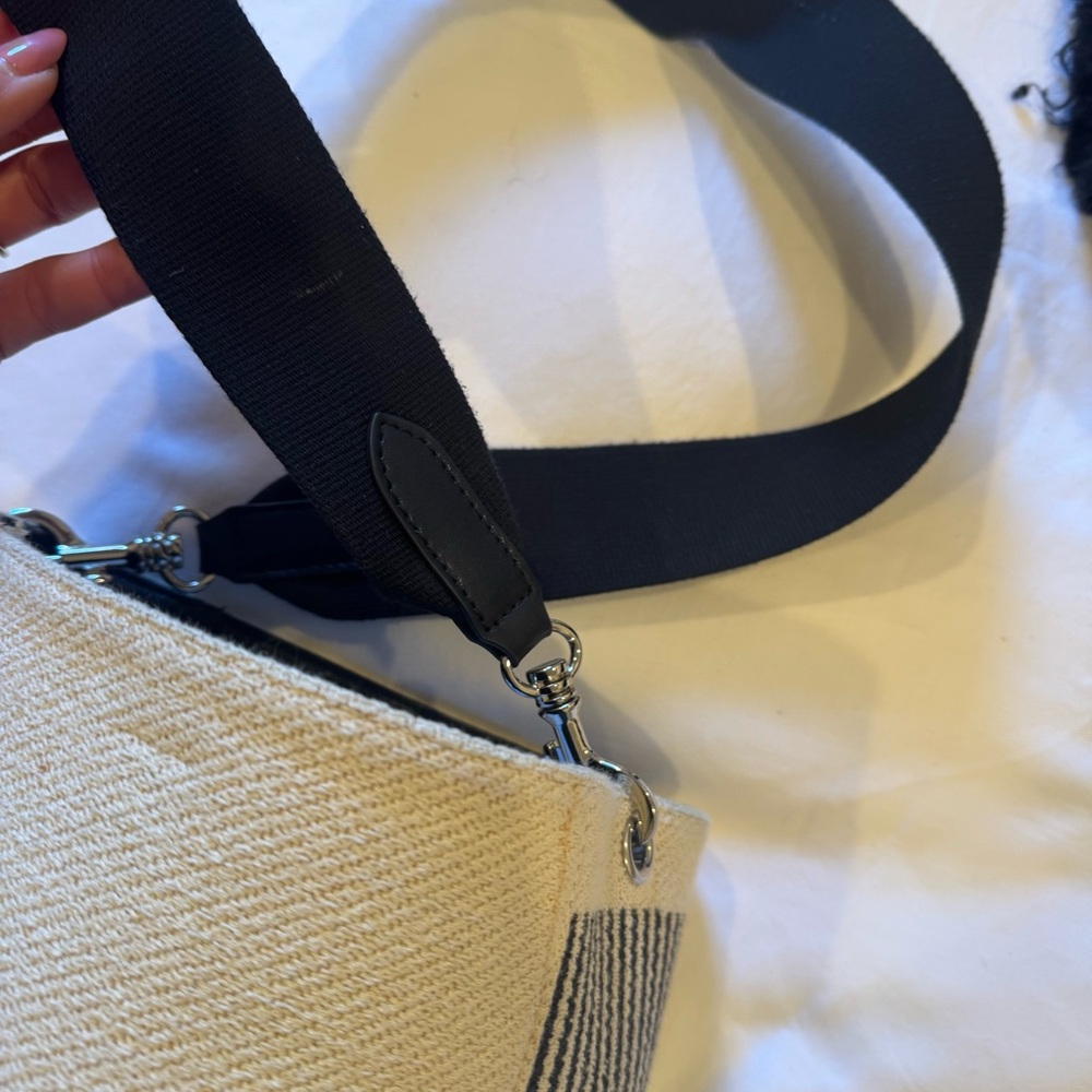 Celine Women Sangle Small Bucket Bag in Textured Canvas - White and Black - Picture 6 of 9